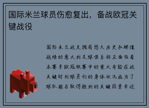国际米兰球员伤愈复出，备战欧冠关键战役